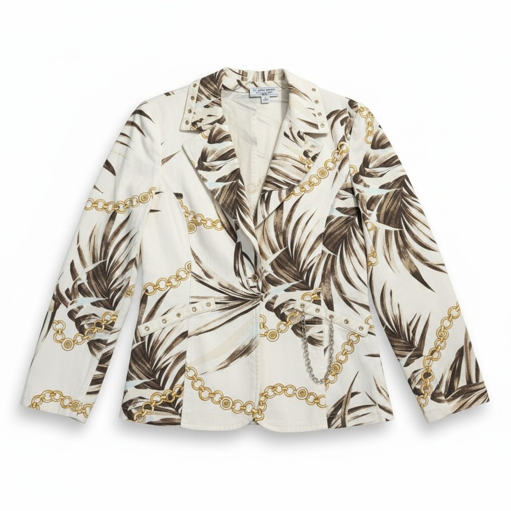 St. John Sport Marie Gray Tropical Palm Chain Leather Trim Blazer Jacket Small
